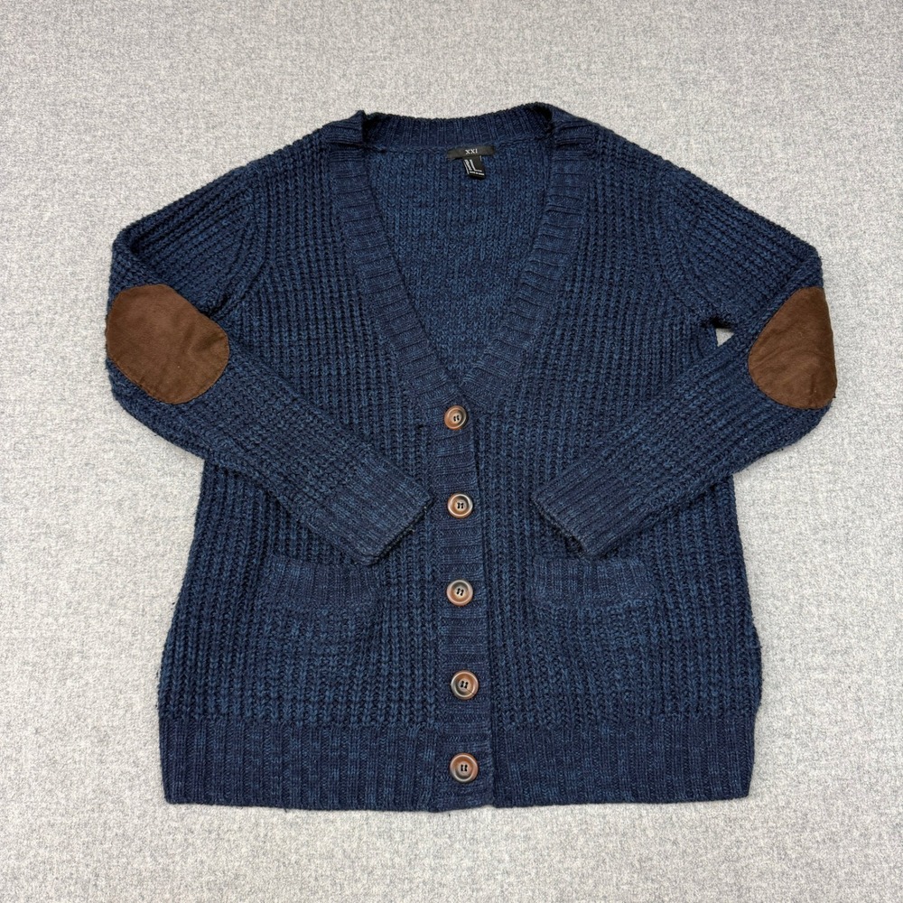 XXI Forever 21 Cardigan Sweater Medium Navy Blue Elbow Patches Button Front Pock